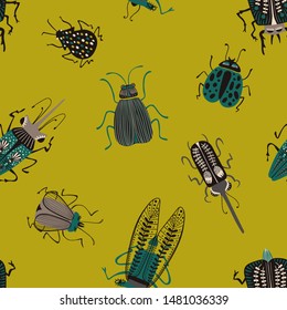 Folk art ornate insects background. Colorful seamless pattern of bugs with decorated wings. 