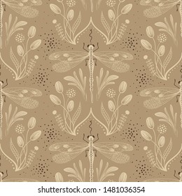 Folk art ornate insects background. Colorful seamless pattern of dragonflies with decorated wings. 