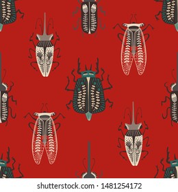 Folk art ornate insects background. Colorful seamless pattern of bugs with decorated wings. 