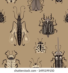 Folk art ornate insects background. Seamless pattern of bugs with decorated wings. 
