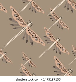 Folk art ornate insects background. Colorful seamless pattern of dragonflies with decorated wings. 