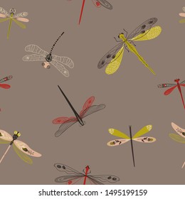 Folk art ornate insects background. Colorful seamless pattern of dragonflies with decorated wings. 