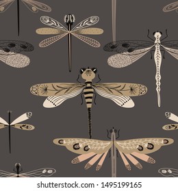 Folk art ornate insects background. Colorful seamless pattern of dragonflies with decorated wings. 