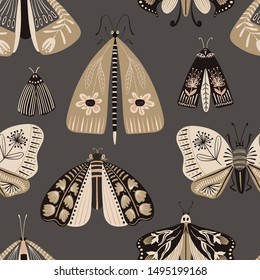 Folk art ornate insects background. Colorful seamless pattern of night moths with decorated wings. 