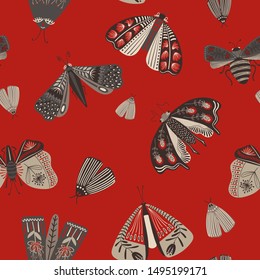 Folk art ornate insects background. Colorful seamless pattern of night moths with decorated wings.