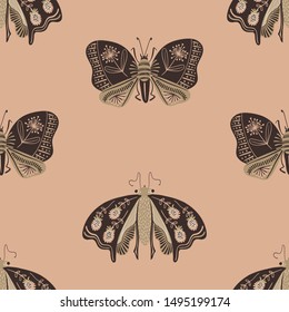 Folk art ornate insects background. Colorful seamless pattern of night moths with decorated wings. 