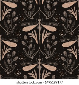 Folk art ornate insects background. Colorful seamless pattern of dragonflies with decorated wings. 