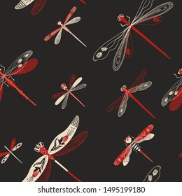 Folk art ornate insects background. Colorful seamless pattern of dragonflies with decorated wings. 