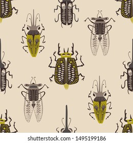 Folk art ornate insects background. Colorful seamless pattern of bugs with decorated wings. 