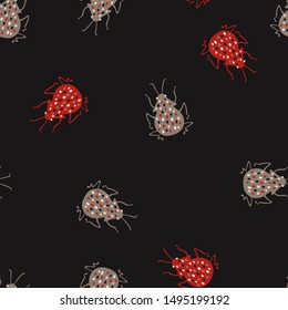 Folk art ornate insects background. Colorful seamless pattern of bugs with decorated wings. 