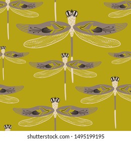 Folk art ornate insects background. Colorful seamless pattern of dragonflies with decorated wings. 