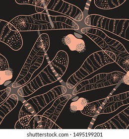 Folk art ornate insects background. Colorful seamless pattern of dragonflies with decorated wings. 