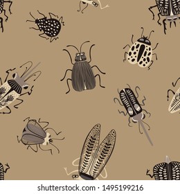 Folk art ornate insects background. Colorful seamless pattern of bugs with decorated wings. 