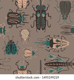 Folk art ornate insects background. Colorful seamless pattern of bugs with decorated wings. 
