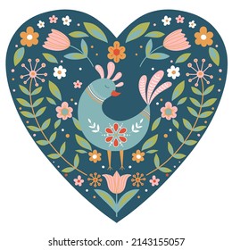 Folk art pattern with birds and flowers - Finnish inspired, Valentine's Day, Easter