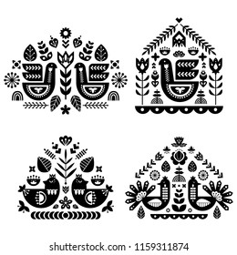 Folk art pattern collection with four single pattern. Monochrome decorative composition with bird and floral elements. Nordic style. Vector design templates set.