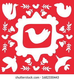 Folk art pattern decor inspired by traditional art form on red background. Spring, Merry Christmas square tile. Scandinavian style with traditional geometric shapes, folklore cliparts elements