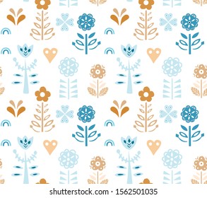 Folk art pattern in Scandinavian, Nordic style with hand-drawn floral elements. 