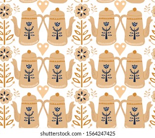 Folk art pattern in Scandinavian, Nordic rustic style with hygge hand-drawn teapots and flowers.