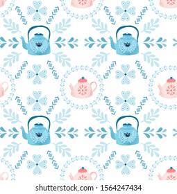 Folk art pattern in Scandinavian, Nordic style with cute hand-drawn teapots and floral geometric elements. Blue and pink color on the white background.