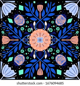 Folk art pattern in Scandinavian style. Floral, birds, leaves vector illustration