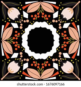 Folk art pattern in Scandinavian style. Floral, birds, leaves vector illustration