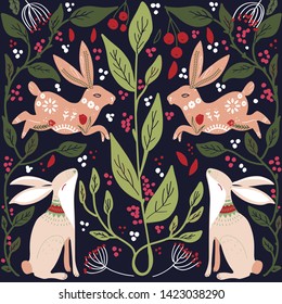 Folk art  pattern in Scandinavian style.Floral, birds, bunnies leaves vector illustration