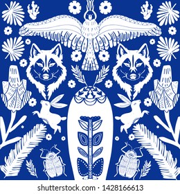 Folk art  pattern in Scandinavian style.Floral, wolf, leaves vector illustration