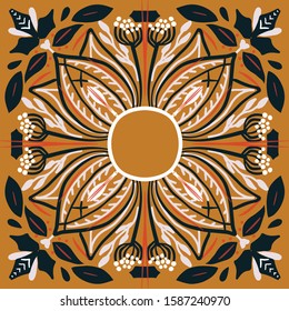 Folk art  pattern in Scandinavian style.Floral,  leaves elements in square ornament vector illustration