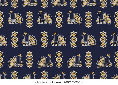 Folk art peacock ethnic oriental sarong saree ikat seamless pattern traditional background. vector design for folk art fashion, ikat folk fabric, wallpaper all prints color. carpet,wallpaper,clothing.