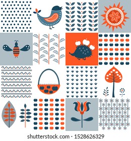 Folk art. Picking apples. Clip art of autumn items. Vector illustration
