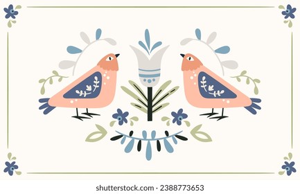 Folk art ready to use vector print in Scandinavian and Nordic style, hygge isolated design on white. Composition with classic ethnic elements. The scandi folk motif - mirror reflected birds