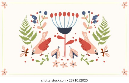 Folk art ready to use vector print in Scandinavian and Nordic style, hygge isolated design on white. Composition with classic ethnic elements. The scandi folk motif - symmetrical reflected birds