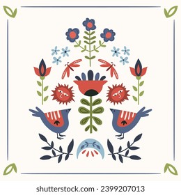 Folk art ready to use vector print Scandinavian and Nordic style, hygge isolated design on white. Composition with classic ethnic elements. The scandi folk motif - mirror reflected birds and flowers