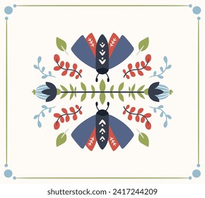 Folk art ready to use vector print in Scandinavian style, hygge isolated design on white. Composition with classic ethnic elements. Scandi folk motif - mirror reflected moth, flowers, leaves