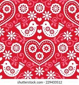Folk art red seamless pattern with flowers and birds 