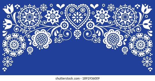 Folk art retro vector greeting card design in white on navy blue, floral ornament inspired by Scandinavian art
