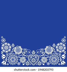 Folk art retro vector greeting card design, floral ornament inspired by Scandinavian art in white on navy blue. Retro floral background inspired by Swedish and Norwegian traditional embroidery 

