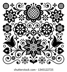 Folk art retro vector pattern, Scandinavian floral ornament design, Nordic style ethnic decoration in black and white. Traditional monochrome design embroidery with flowers, tulips and leaves