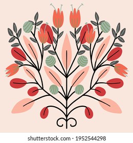 Folk Art Retro  Vector Pattern With Flowers, Scandinavian  Symmetric Design. Retro Floral Background Folk Art Pattern