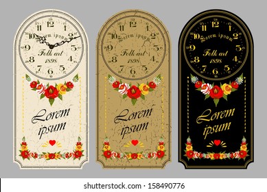 Folk Art. Retro wall clock, set the dial and hands.
