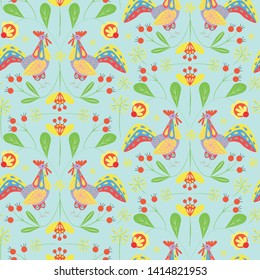 folk art rooster flowers seamless pattern vector art