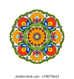 Folk art round ornament. Vector floral illustration. Ukrainian applied art opishnya. Slavic motifs in a circle. Elements of ethnic painting 