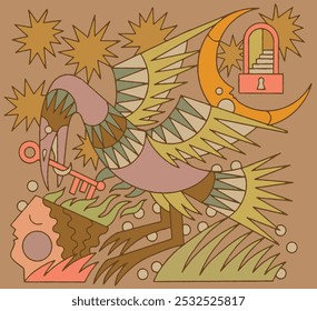 folk art Scandinavian colorful pattern with floral and birds vector illustration