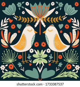 folk art scandinavian colourful pattern with floral and birds