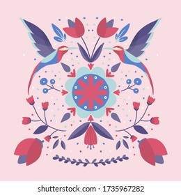 folk art scandinavian colourful pattern with floral and birds