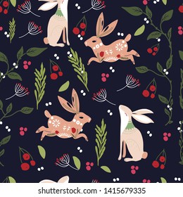 Folk art Scandinavian style print with flower and bunnies