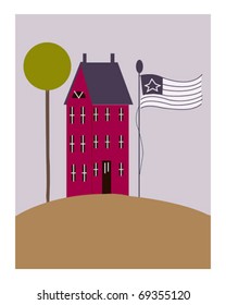 Folk Art School House Illustration