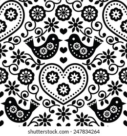 Folk art seamless monochrome pattern with flowers and birds