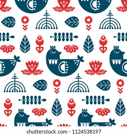 Folk art seamless pattern with bird and floral elements. Nordic decorative ornaments. Vector print.  